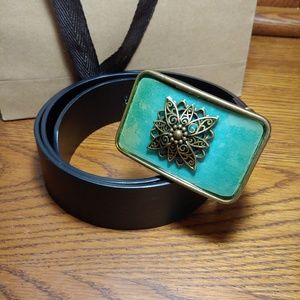 Women's Black Leather Belt w/ Turquoise Buckle